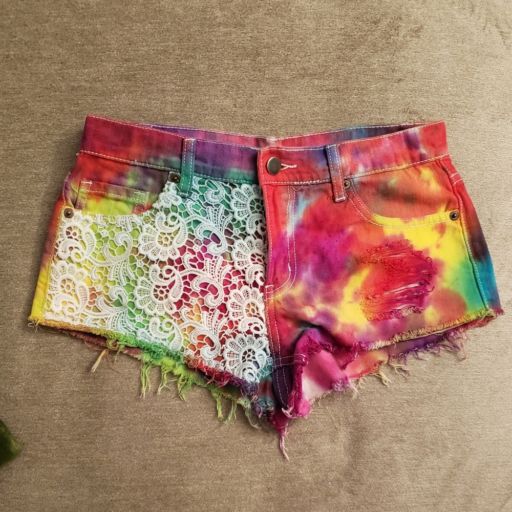 Tie Dye Cut-Off Jean Shorts w/ Crochet Front